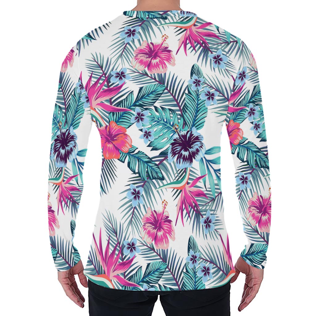 Neon Hibiscus Tropical Pattern Print Men's Long Sleeve T-Shirt
