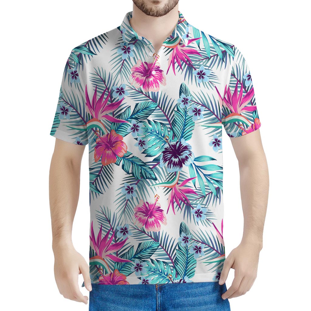 Neon Hibiscus Tropical Pattern Print Men's Polo Shirt
