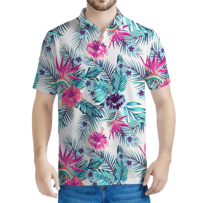 Neon Hibiscus Tropical Pattern Print Men's Polo Shirt