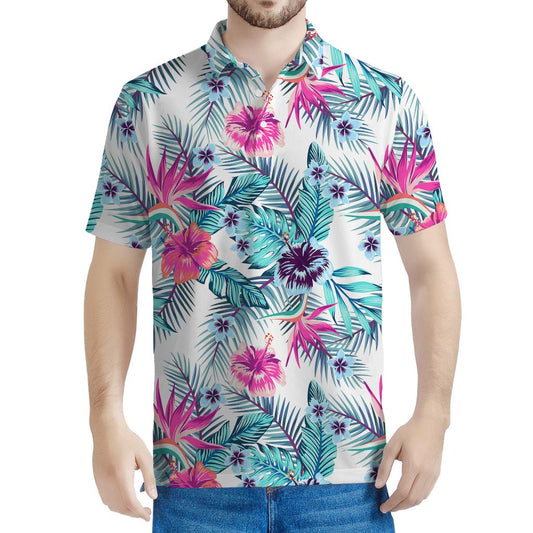 Neon Hibiscus Tropical Pattern Print Men's Polo Shirt