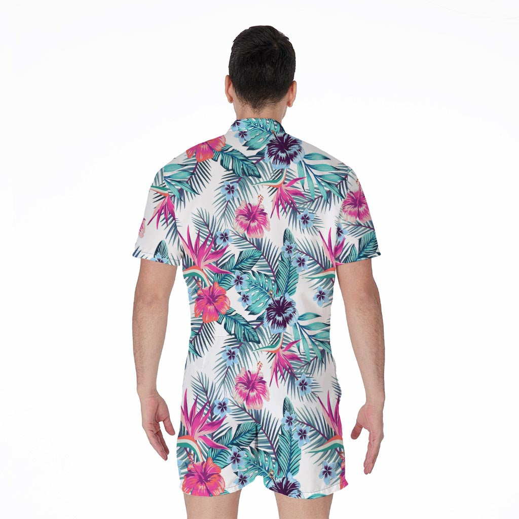Neon Hibiscus Tropical Pattern Print Men's Rompers