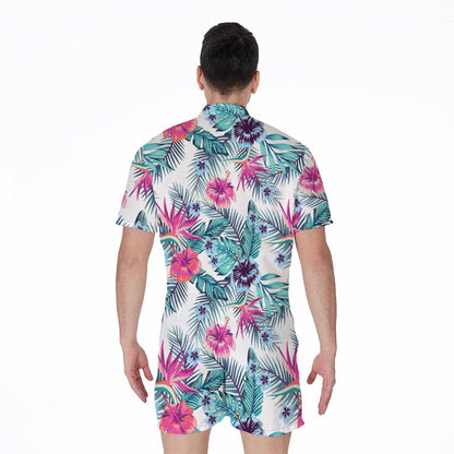 Neon Hibiscus Tropical Pattern Print Men's Rompers