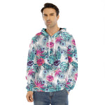 Neon Hibiscus Tropical Pattern Print Men's Velvet Pullover Hoodie