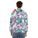 Neon Hibiscus Tropical Pattern Print Men's Velvet Pullover Hoodie