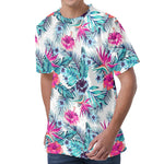 Neon Hibiscus Tropical Pattern Print Men's Velvet T-Shirt