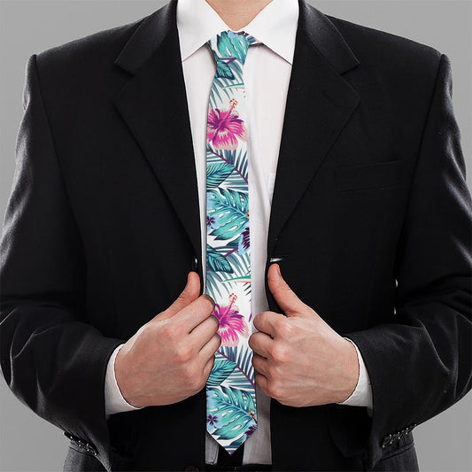 Neon Hibiscus Tropical Pattern Print Necktie