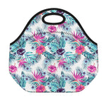 Neon Hibiscus Tropical Pattern Print Neoprene Lunch Bag