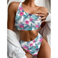 Neon Hibiscus Tropical Pattern Print One Shoulder Bikini Set