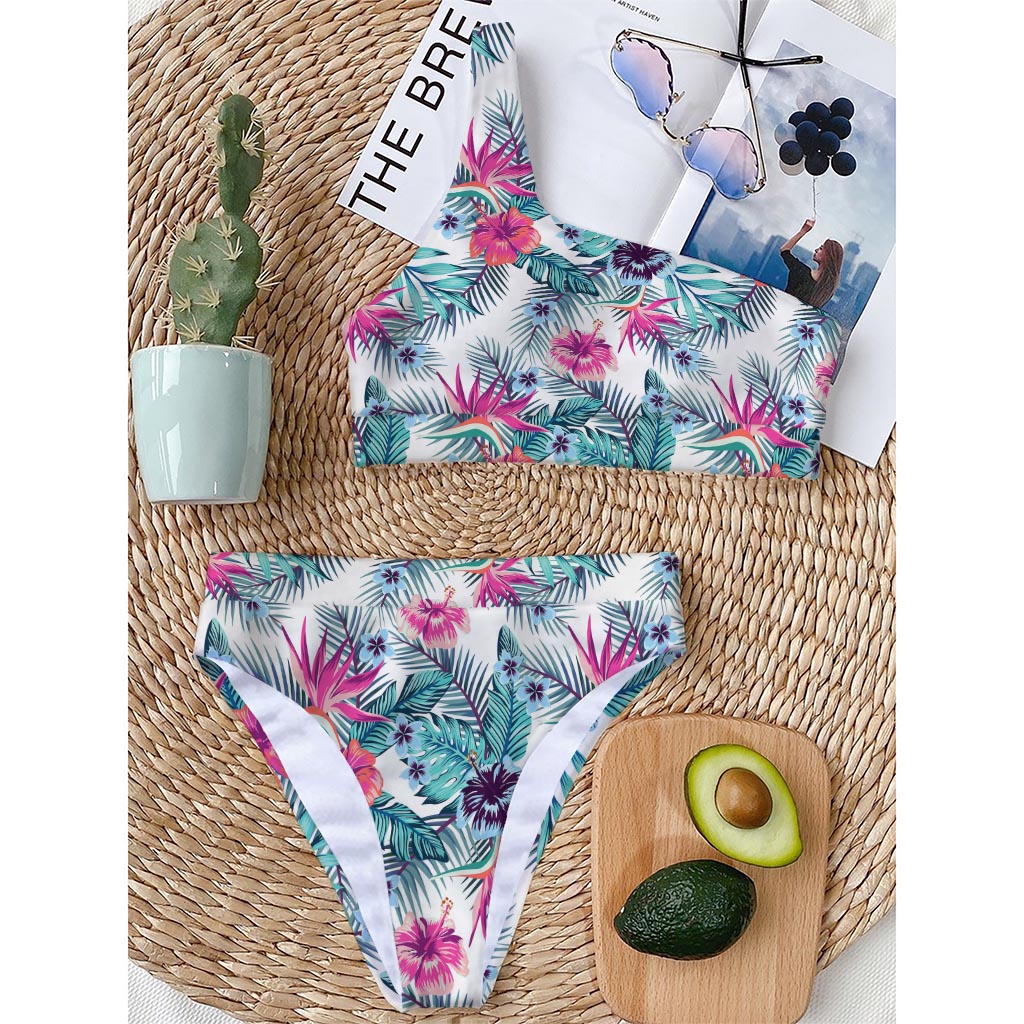 Neon Hibiscus Tropical Pattern Print One Shoulder Bikini Top