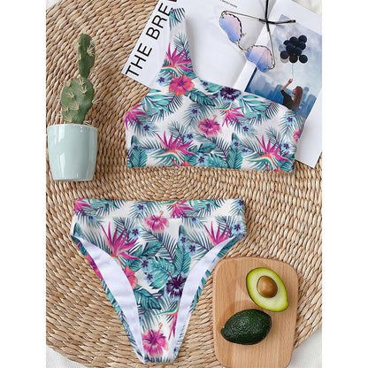 Neon Hibiscus Tropical Pattern Print One Shoulder Bikini Top