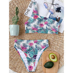 Neon Hibiscus Tropical Pattern Print One Shoulder Bikini Top