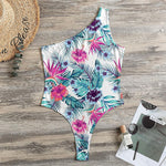 Neon Hibiscus Tropical Pattern Print One Shoulder Bodysuit