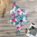 Neon Hibiscus Tropical Pattern Print One Shoulder Bodysuit