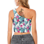 Neon Hibiscus Tropical Pattern Print One Shoulder Crop Top