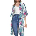 Neon Hibiscus Tropical Pattern Print Open Front Beach Cover Up