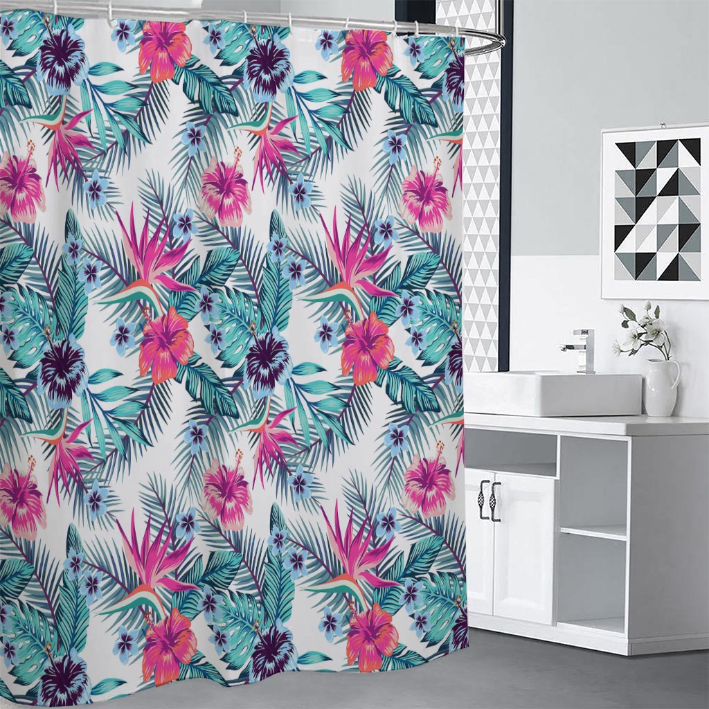 Neon Hibiscus Tropical Pattern Print Premium Shower Curtain