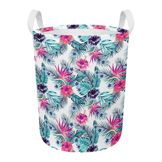 Neon Hibiscus Tropical Pattern Print Round Laundry Basket