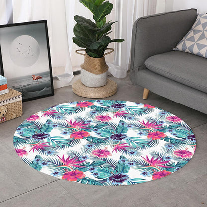 Neon Hibiscus Tropical Pattern Print Round Rug