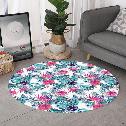Neon Hibiscus Tropical Pattern Print Round Rug