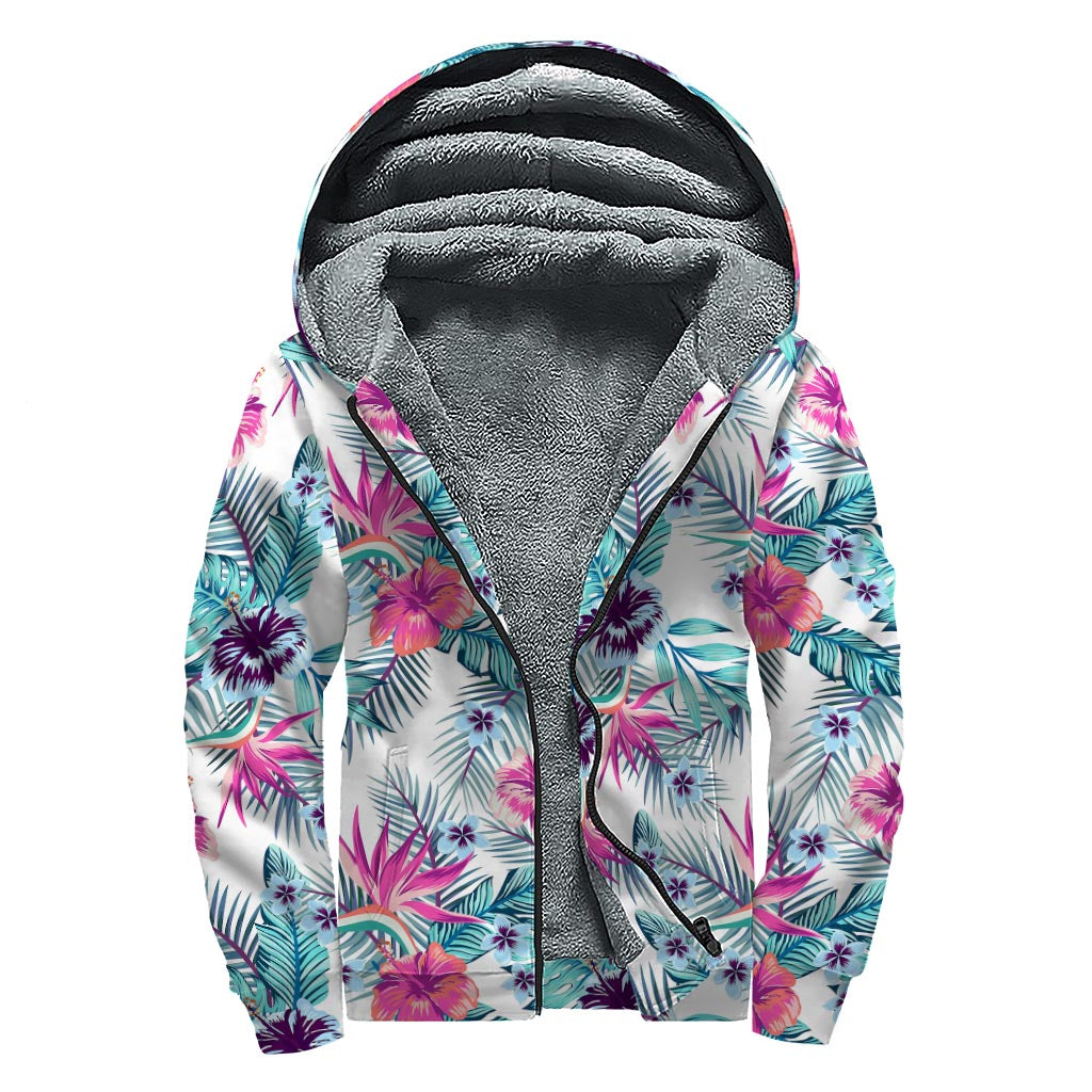 Neon Hibiscus Tropical Pattern Print Sherpa Lined Zip Up Hoodie