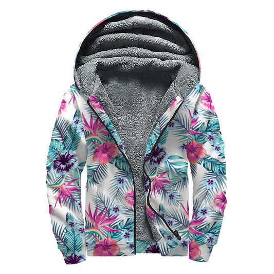 Neon Hibiscus Tropical Pattern Print Sherpa Lined Zip Up Hoodie