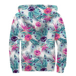 Neon Hibiscus Tropical Pattern Print Sherpa Lined Zip Up Hoodie