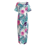 Neon Hibiscus Tropical Pattern Print Short Sleeve Long Nightdress