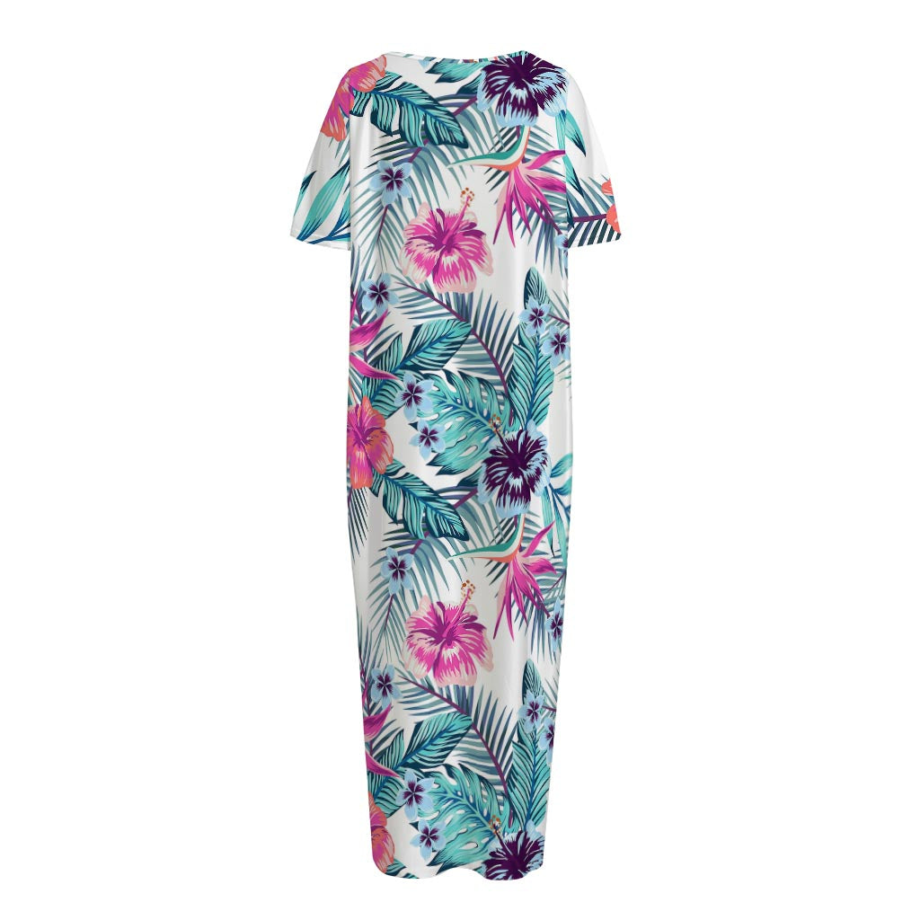 Neon Hibiscus Tropical Pattern Print Short Sleeve Long Nightdress