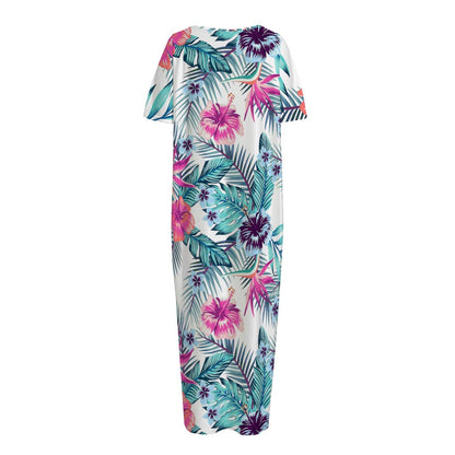 Neon Hibiscus Tropical Pattern Print Short Sleeve Long Nightdress