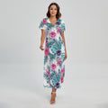 Neon Hibiscus Tropical Pattern Print Short Sleeve Maxi Dress