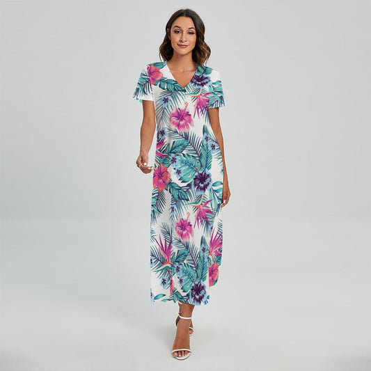 Neon Hibiscus Tropical Pattern Print Short Sleeve Maxi Dress