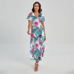 Neon Hibiscus Tropical Pattern Print Short Sleeve Maxi Dress