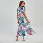 Neon Hibiscus Tropical Pattern Print Short Sleeve Maxi Dress