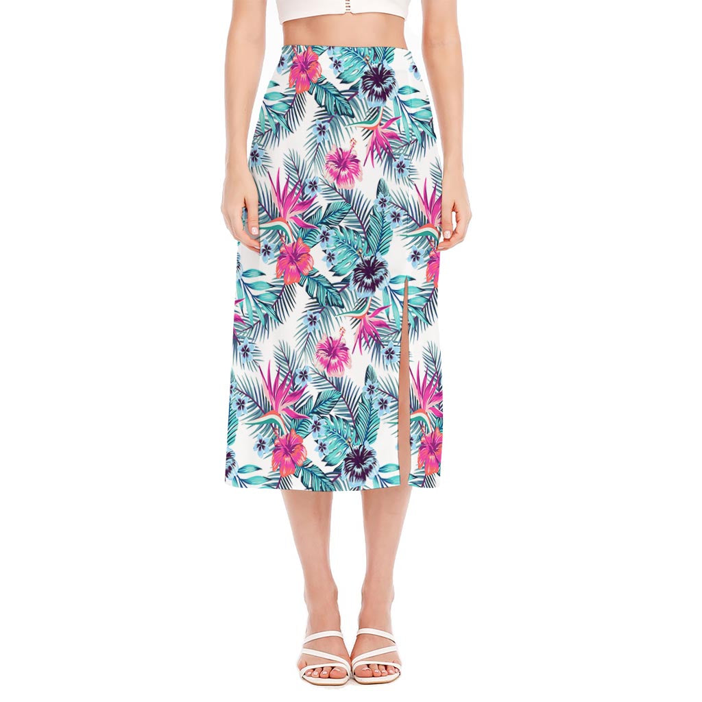 Neon Hibiscus Tropical Pattern Print Side Slit Midi Skirt