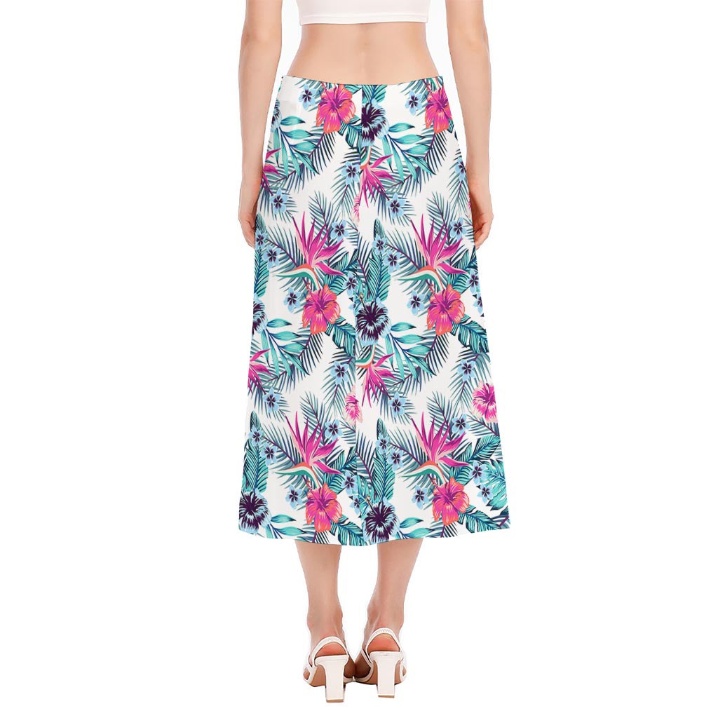 Neon Hibiscus Tropical Pattern Print Side Slit Midi Skirt