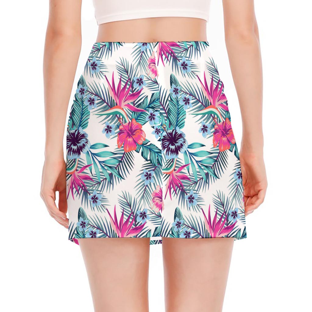Neon Hibiscus Tropical Pattern Print Side Slit Mini Skirt