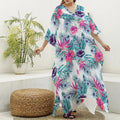 Neon Hibiscus Tropical Pattern Print Silk V-Neck Kaftan Dress