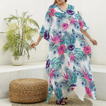 Neon Hibiscus Tropical Pattern Print Silk V-Neck Kaftan Dress