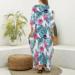 Neon Hibiscus Tropical Pattern Print Silk V-Neck Kaftan Dress