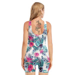 Neon Hibiscus Tropical Pattern Print Sleeveless One Piece Swimsuit