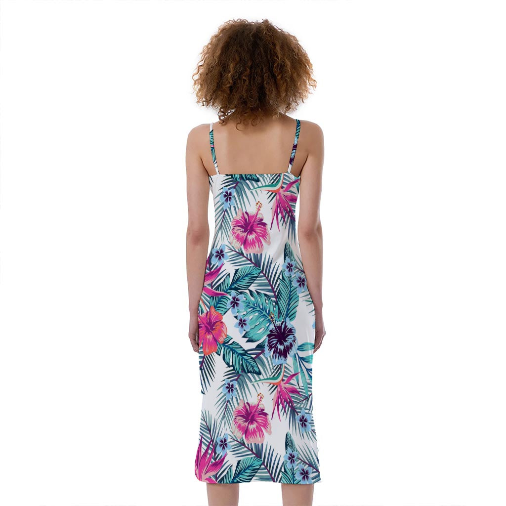 Neon Hibiscus Tropical Pattern Print Slim Fit Midi Cami Dress