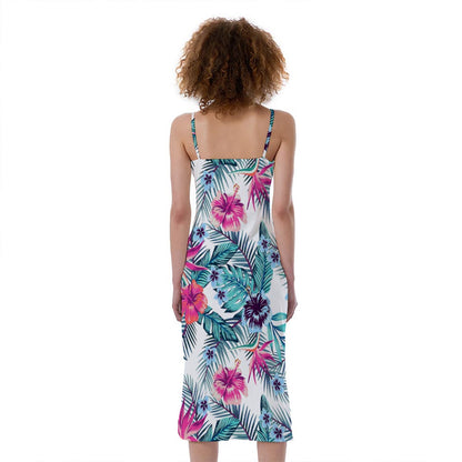 Neon Hibiscus Tropical Pattern Print Slim Fit Midi Cami Dress