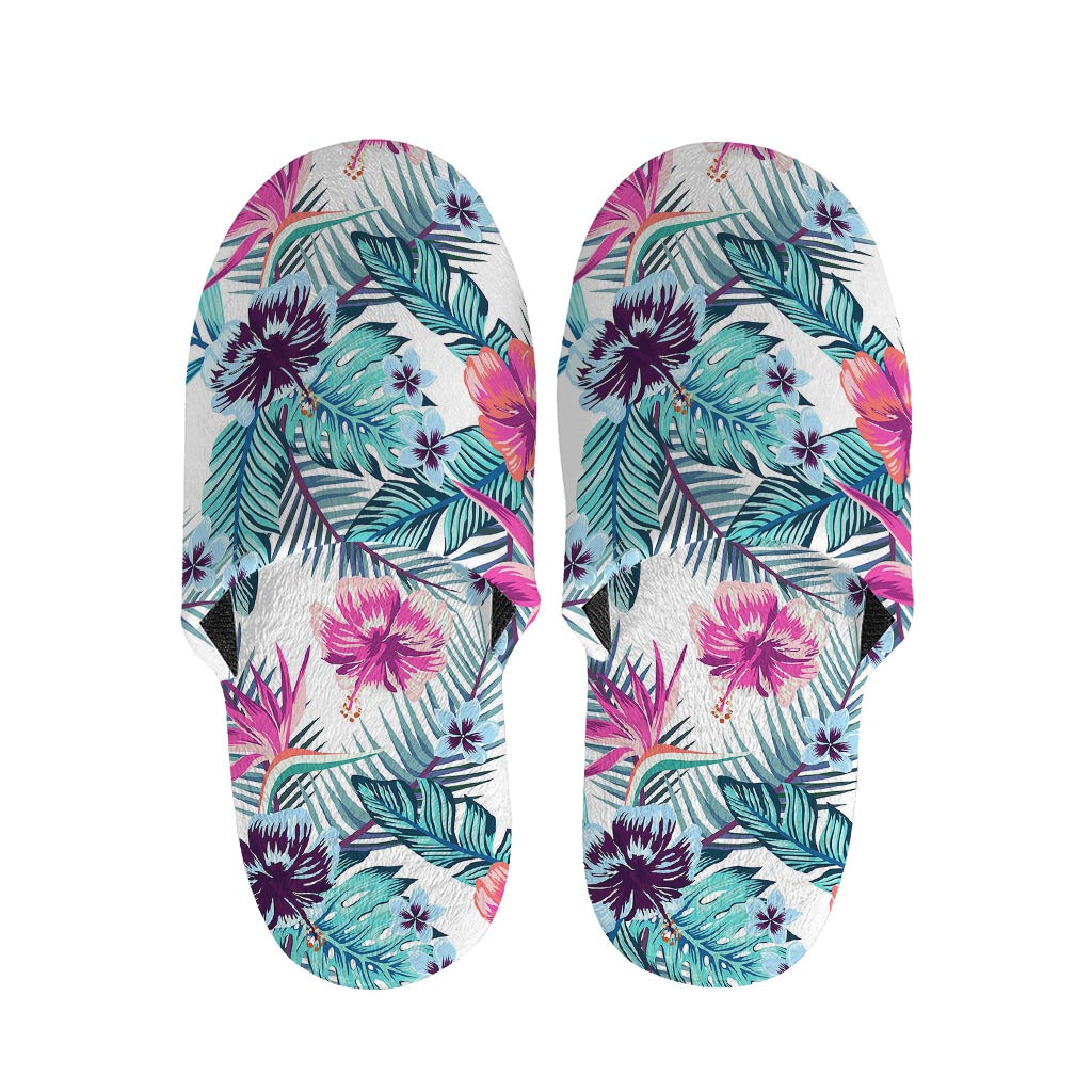 Neon Hibiscus Tropical Pattern Print Slippers