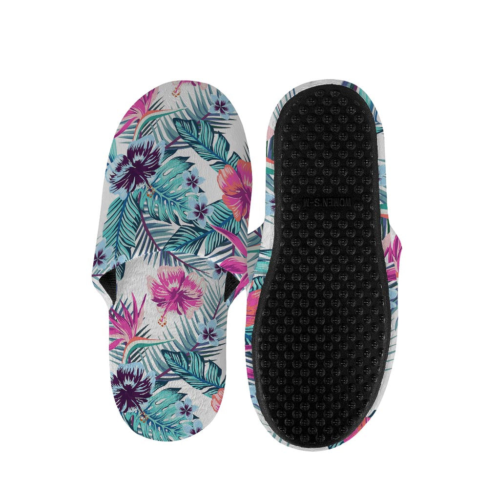 Neon Hibiscus Tropical Pattern Print Slippers