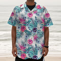 Neon Hibiscus Tropical Pattern Print Textured Short Sleeve Shirt