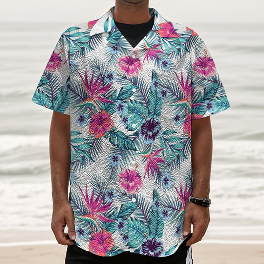 Neon Hibiscus Tropical Pattern Print Textured Short Sleeve Shirt