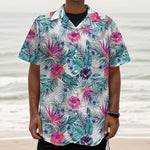 Neon Hibiscus Tropical Pattern Print Textured Short Sleeve Shirt