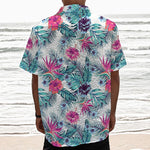 Neon Hibiscus Tropical Pattern Print Textured Short Sleeve Shirt
