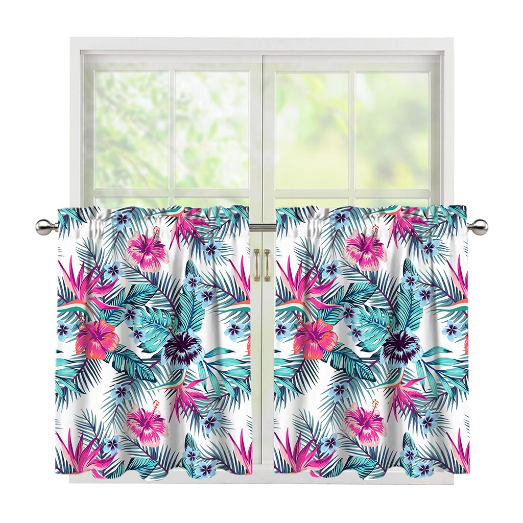 Neon Hibiscus Tropical Pattern Print Tier Curtains