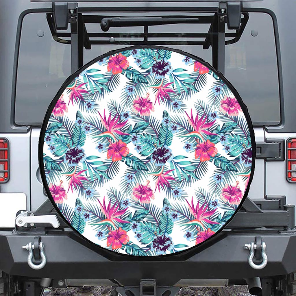 Neon Hibiscus Tropical Pattern Print Tire Cover